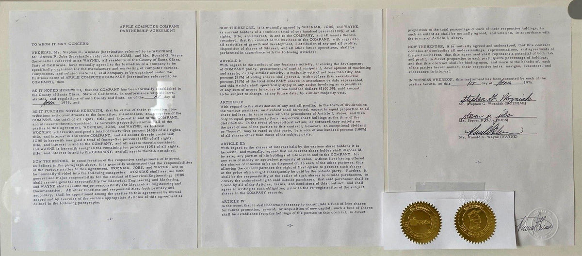 Interstellar Collectibles Inc - Ronald G. Wayne Signed Apple Contract